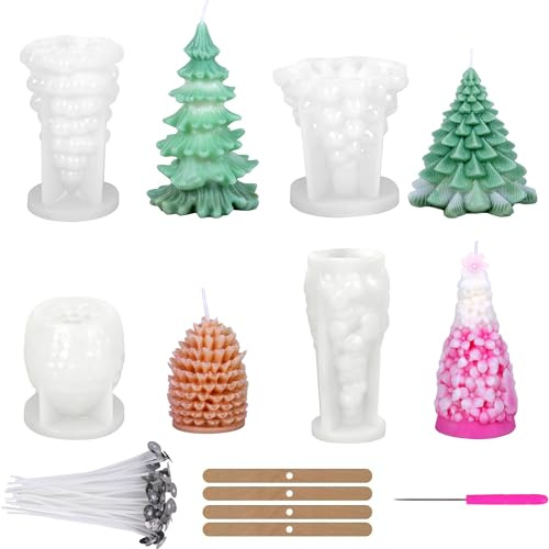 JOLY FANG Moules à Bougies de Noël en Silicone, Lot de 4 Pièces 3D Sapin & Arbre de Noël, Moules en Silicone pour Bougies Parfumées DIY, Plâtre, Résine et Décoration de Noël