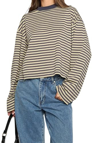 Springcmy Women Y2k Striped Long Sleeve Shirt Drop Shoulder Crewneck Sweatshirt Fall Winter Fairy Grunge Preppy Pullover Tops Streetwear (A-Beige, M)