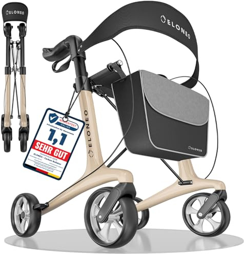 Carbon Rollator faltbar und leicht mit Sitz, Leichtgewicht-Reiserollator ultraleicht 5,5 kg, Gehhilfe für Senioren 9-fach höhenverstellbar, Laufhilfe faltbar für Kofferraum, mit Tasche
