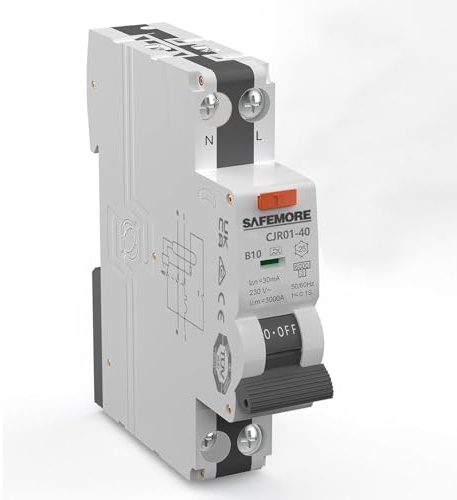 SAFEMORE FI/LS-Schalter B10 Typ A 30mA 1P+N 6kA 1TE TÜV-geprüft, Grau | 2-in-1 FI/LS für Lichtstromkreise & Steuerungen. Platzsparende 1TE-Bauweise. Beidseitig einspeisbar