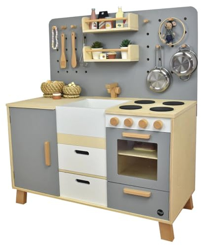 Meppi Kinderküche aus Holz - Spielküche mit praktischer Lochrückwand - Holz-Küche für Kinder