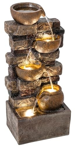 Outsunny Fuente de Agua Decorativa con LED Bomba Marrón Rústico