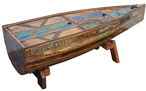 MASSIVMOEBEL24.DE | Nature of Spirit ausgefallener Couchtisch aus Massivholz #106 im Boot-Design - Mehrfarbig, lackiert | aus Altholz | 155x52x45cm | Ablagefächer | Kaffeetisch Sofatisch
