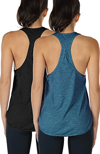 icyzone Yoga Sport Tank Top Damen Racerback Lauftop Fitness Running Shirt Oberteile, 2er Pack (L, Black/Denim)