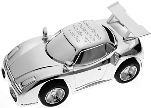 Personalised Engraved Silver Racing Sports Car Money Box | Christening Gift for Boy or Girl, Custom Engraved Christening Moneybox Keepsake, Baptism Gift, Money Bank