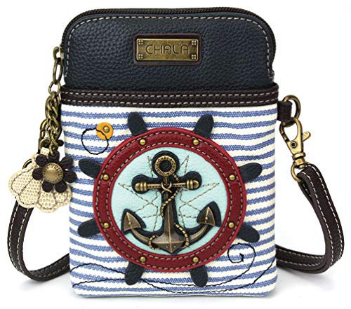 CHALA Crossbody Handy-Geldbörse – Damen PU-Leder, mehrfarbige Handtasche mit verstellbarem Riemen, Anker – Blau und Weiß gestreift, Einheitsgröße