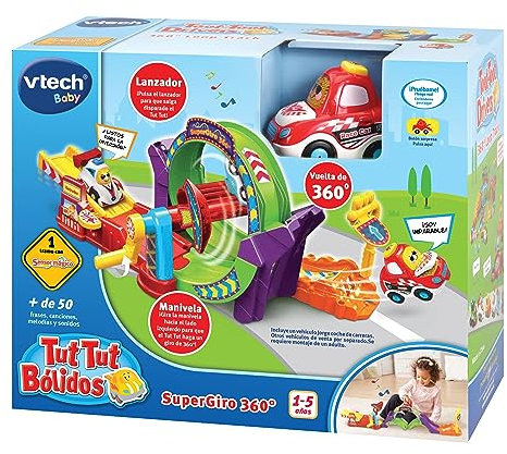 VTech - Supergiro 360º TutTut Bólidos, Pistas y Coches de Juguete para niños +1 año, Circuito con looping para Combinar, Incluye Jorge Coche Carreras, Versión ESP