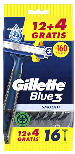 Gillette Blue3 Smooth Maquinillas Desechables Para Hombre, Tres Hojas De Afeitar Con Cabezal Pivotante 40° Y Banda Lubricante, 12+4 GRATIS (Total 16 Uds)