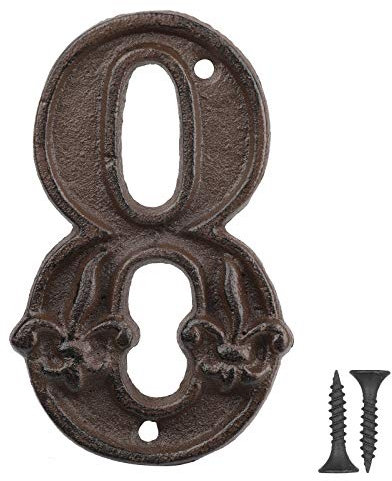 Vandicka Numero Civico in Ghisa 8, Numero Porta Esterno, Numero Indirizzo - Finitura Marrone Ruggine in Stile Country con Goffratura Fleur de Lis, Viti Abbinate Incluse, Altezza 120 mm