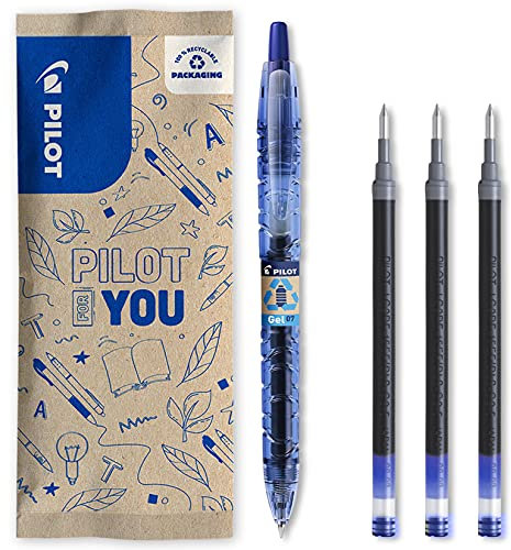 PILOT - Pack of 1 B2P Gel + 3 Refills - Retractable and refillable rollers, made from recycled plastic - Begreen - Blue - Medium Tip