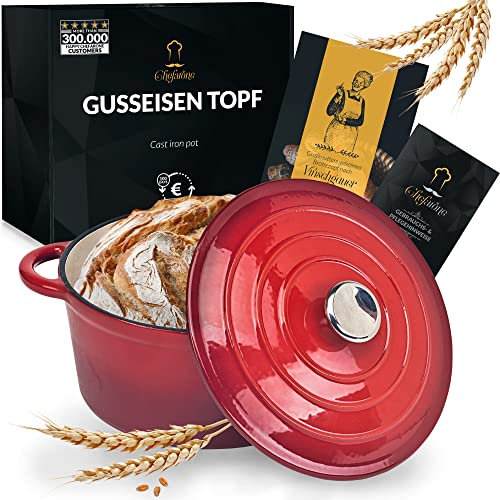 Cazuela de hierro fundido para hornear, 24 cm, 3,5 l, cazuela de hierro fundido esmaltada para cocer, hornear y freír, con tapa, para inducción, cazuela de hierro fundido (rojo)