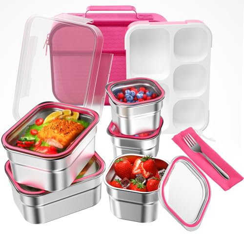 DaCool Edelstahl-Lunchbox Bento für Kinder Erwachsene, auslaufsicher, BPA-frei, Metall-Lunchbehälter, Tablett, 5 Fächer mit Gabel für Mädchen, Lebensmittel-Snack-Behälter für Schule und Outdoor, Rosa