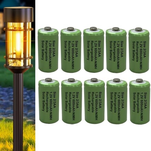 10-Pack Rechargeable 2/3AA Solar Light Batteries for Garden Solar Lights Latest NiMH Technology (2-3AA, 2/3HR6, Two-Thirds-AA 30mm x 14mm)