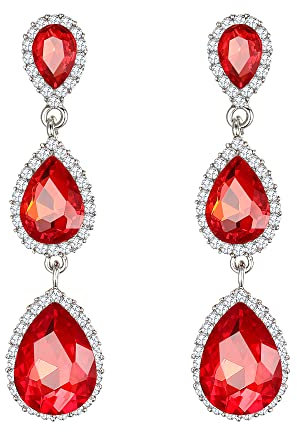 Pendientes de Mujer - Clearine Pendiente en Forma de Bolita, Estilo Precioso Cristales para Boda Novia Fiesta,Color Rojo Plata-Tono