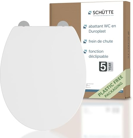 SCHÜTTE Slim WC-Sitz mit Absenkautomatik, Abnehmbarer Klodeckel aus bruchsicherem Duroplast,DIY Montage durch Klebepads, Toilettendeckel und Brille bis 200 kg belastbar, Weiß