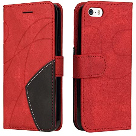 Fatcatparadise Kompatibel mit iPhone 5/5S/SE 2016 (4,0 Zoll) Hülle, Leder PU Brieftasche Handyhülle Flip Case Bumper Schutzhülle Klapphülle.Lederhülle mit Kartenfächern und Standfunktion (Rot)