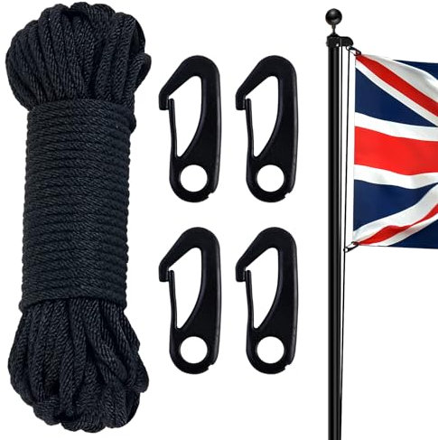 NQ Flag Pole Rope with Flag Pole Clip, 50FT/ 15M Nylon Flag Rope with 4 Pcs Clip Hooks, Flag Halyard Kit, Nylon Cord for Outdoor, Camping, Swing, Clothesline, Garden(Black)