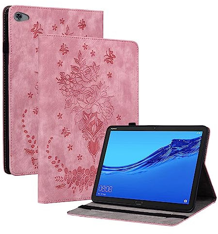 SLLMYYX Custodia per Huawei MediaPad M5 lite 10.1 pollici 2018 BAH2-W19 BAH2-L09, rosa farfalla fiori cuoio PU supporto regolabile Slim Folio Tablet Cover (rosa)