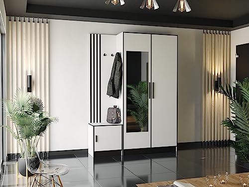 KIER FURNITURE Garderobe mit Sitzfläche Dior13 - Dekorative Elegante Leisten - Kleiderschrank aus Laminierter Spanplatte - Höhe 205 cm - 158x205x39 cm Weiß
