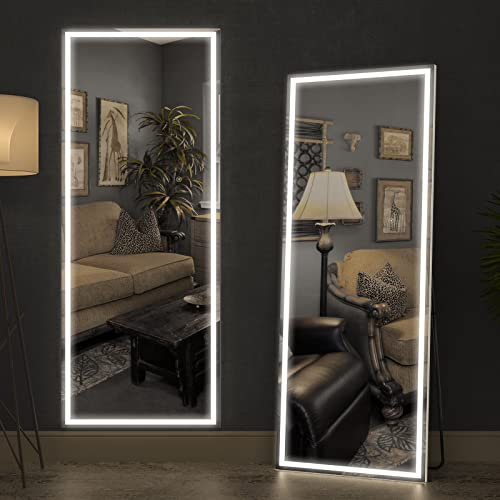 CASSILANDO Voller Länge Spiegel mit Lichtern, 160 x 50cm LED Bodenspiegel, Ganzkörper Ankleidespiegel, hängender montierter Spiegel für Wohnzimmer Schlafzimmer Garderobe, rundes Weiß
