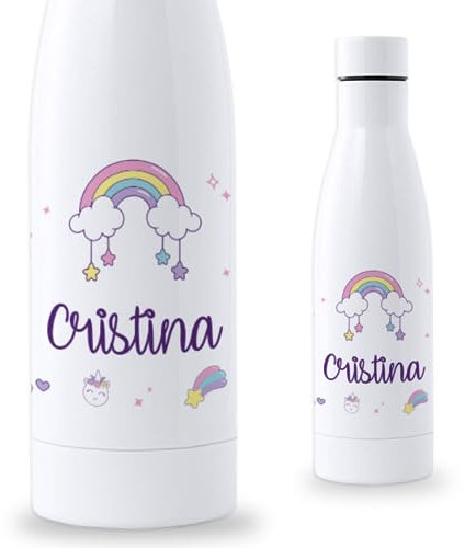 Botella personalizada diseño unicornios y texto 750ml | Botella de agua acero inoxidable térmica personalizada | Libre de BPA y reutilizable | Bebidas frías y calientes hasta 12h
