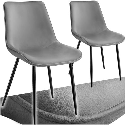tectake® Esszimmerstühle 2er Set, Polsterstuhl, Küchenstuhl, Wohnzimmerstuhl, Schminktisch Stuhl, ergonomischer Stuhl mit Rückenlehne und Sitzfläche aus Samt, Schwarze Metallbeine - grau