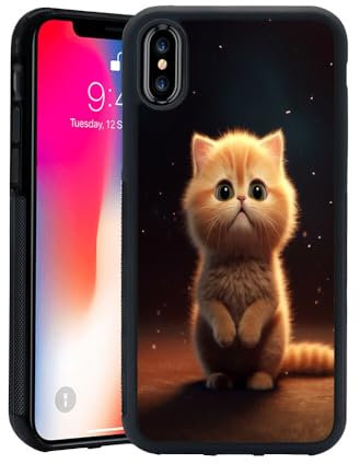 DeweiDirect Phone Case for iPhone X/Xs with Cute Cat Designer Art Black Slim Rubber Frame Full Body Protection Cover Case for iPhone X/Xs Drop Protection