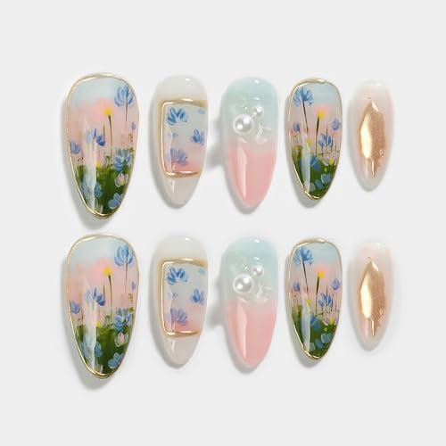 Sun&Beam Nails Handmade Press-on Medium Long Amlond Colorful Green Pink Ombre Hand-Painted Flower Design Fashion False Nail Tips 10 Pcs Set (#017 S)