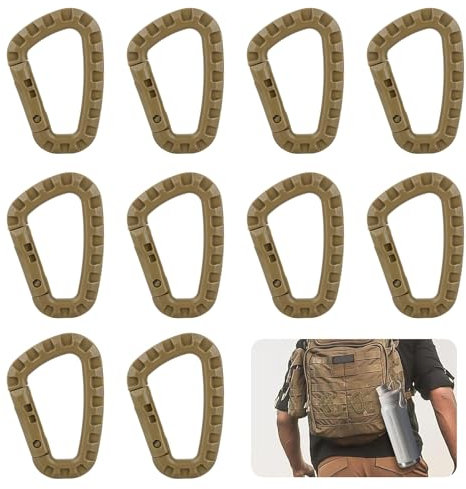 MisFun 10 Stück Karabiner, D Form Carabiner, Karabinerhaken Plastik, Kunststoff Karabiner Clip, Taktik Karabiner für Camping Wandern Angeln Gym Rucksack Außeneinsatz (Khaki)