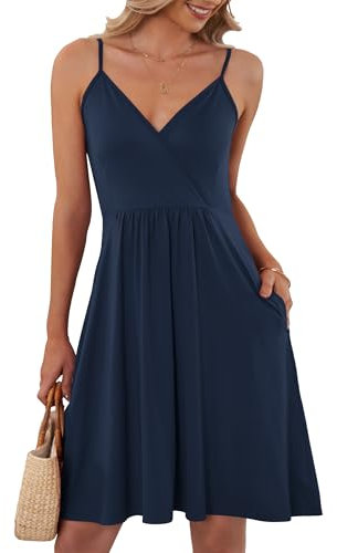 AUSELILY Robe élégante D'été Femme Bretelles sans Manches Robes Décontractée Courte Col en V avec Poches(L,Bleu Marin)