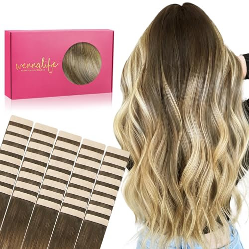 WENNALIFE Extension Cheveux Naturel Adhesive, 45cm 100g 40pcs - Remy Invisibles, Ombre Brun Noisette à Brun Cendré et Blond Décoloré