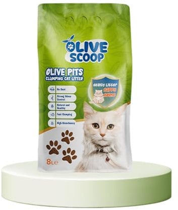 OLIVE SCOOP Natural Cat Litter, Clumping Cat Litter, Odour Eliminator, Biodegradable, Kitten Litter, Pack of 1x8L, Dust Free, Eco Friendly, 100% Olive Pits, Antibacterial, Unscented, Hypoallergenic