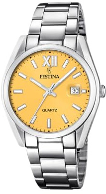 Festina Herrenuhr Quarz mit Armband aus poliertem Edelstahl, Zifferblattfarbe: Gelb, Wasserdichtigkeit: 5 bar, Gehäusedurchmesser: 40mm, F20683/3