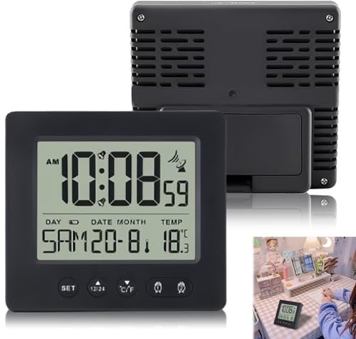 WIYETY Radio despertador digital con luz: reloj despertador de viaje, reloj inalámbrico automático, despertador digital con dos despertadores independientes, termómetro, indicador de fecha, luz de