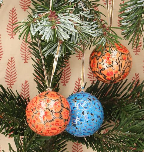 Upcycling Weihnachtskugel 3er Set aus Pappmachee, handbemalt, Muster 4 | Christbaumschmuck, Kaschmirkugeln 5,5 cm, Unikate, umweltfreundlich, in Recyclingbox