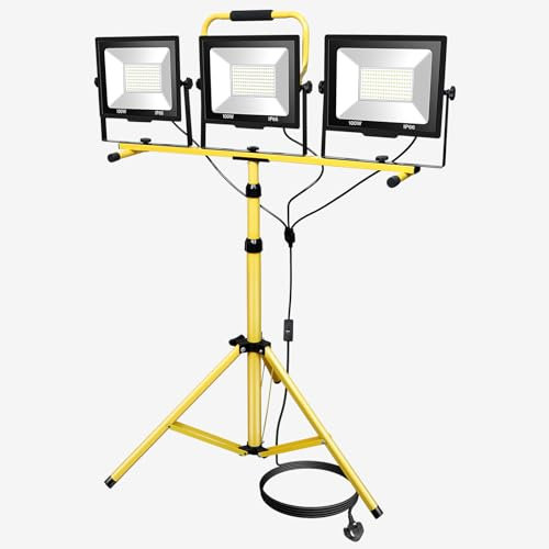 PICAA 300W Tri-Kopf LED Baustrahler Kaltweiß mit Stativ, 30000 Lumen LED Fluter Arbeitsscheinwerfer Wasserdicht IP66 für Innen-und Außenbereich - Garage, Garten, Sportplatz, Baustelle 6500K