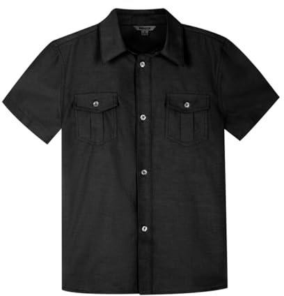 Bienzoe Boys Short Sleeve Shirt for School: Kids Button Up Collared Dress Fashion Shirts Black Size 12