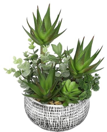 11” Large Succulents Aloe Plants Artificial in Ceramic Pots Potted Faux Succulent Eucalyptus Arrangement with Black Bowl Pots Fake Desk Succulents Plants for Home Bathroom Shelf Table Indoor Decor