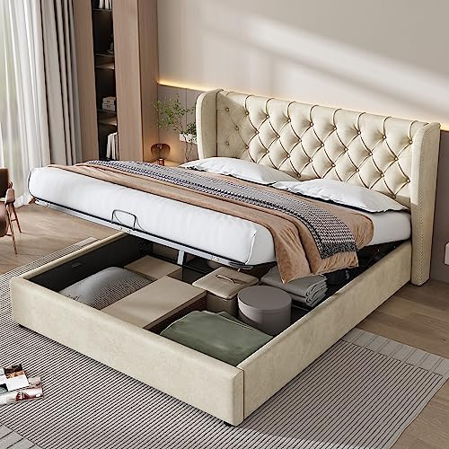 Letto Matrimoniale 140 x 190 cm Con Contenitore, Una Piazza e Mezza, Giroletto, Rete a Doghe, Velluto, Funzionale Idraulico Con Vano Portaoggetti, Beige