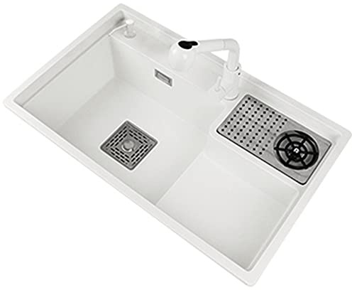 Évier de cuisine à une cuve, avec rinçage en verre, évier en pierre de quartz, évier de poste de travail encastré, grand évier à marches hautes et basses, 3 trous, évier de rinçage pour pichet de bar