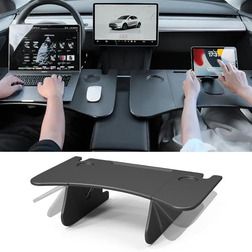 YONZEE Auto-Laptop-Schreibtisch für Tesla Model Y Model 3, multifunktionales Tablett aus Kohlefaser, faltbar, Esszimmertisch zum Essen, Arbeiten im Auto und Reisen im Freien (1 Stück)