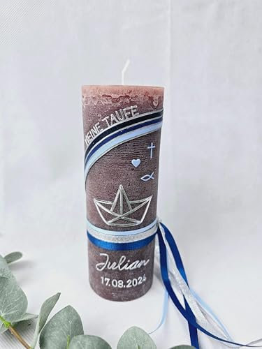 Taufkerze Rustikkerze Junge - mit Segelboot, Regenbogen und christlichen Symbolen mit oder ohne Teelichteinsatz