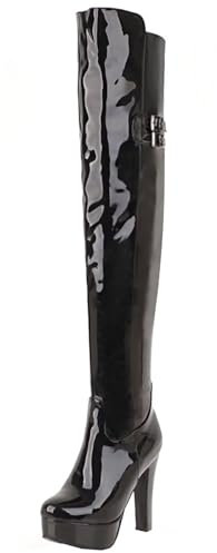 HSyc JRX Plateau Overknee Stiefel mit Schnalle Lack Lang Stiefel Stiletto High Heels 43