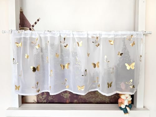 Devola Scheibengardinen mit Schmetterlingen Kurzstores Gardinen Bistrogardine Transparent Gardine mit Glanzdruck Küchengardine Kurz Modern HxB 60x120cm Gold 1 Stück