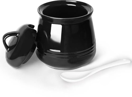 HAOTOP Porcelain Sugar Bowl, Ceramic Salt Bowl with Spoon and Lid for Home and Kitchen, 12 Ounces (Black)