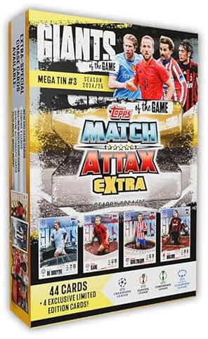 Topps Match Attax Extra 2025 - Mega Tin #3 - Giants of The Game! 48 Karten, darunter 4 Exklusive Giants of The Game LE-Karten. Halte Ausschau nach Reliktkarten in den Glücksdosen!