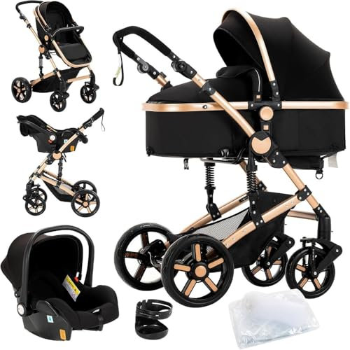 3 in1 Umkehrbarer Babyschale-Buggy | Dreibucherrahmen & Doppel-Federung | Ein-Klick-Faltmechanismus für Neugeborene und Kleinkinder(Schwarz&Gold)