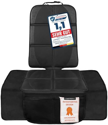 LIONSTRONG® Kindersitzunterlage - EXTRA Schutz [ISOFIX GEEIGNET] - schwarz | wasserabweisender Autositzschoner Polyester Stoff - Sitzschutz Sitzschoner Auto Kindersitz - universell kompatibel