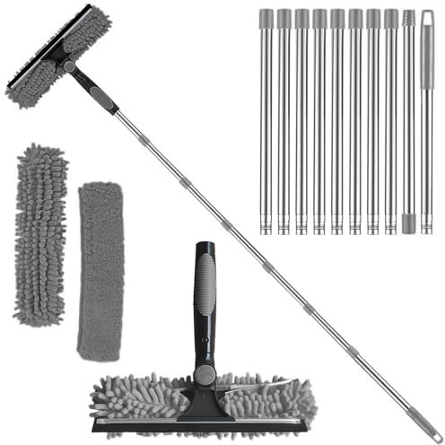 4.5M Window Squeegee Cleaner Tool Kit with Long Handle, 2 in 1 Extendable Window Cleaning Kit with Squeegee and Microfiber Cloth for Indoor/Outdoor High Window, Wall and Car (Gray)