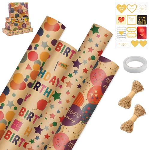 4 Rolls Birthday Wrapping Paper with Twine & Tape, 43cm*3m Recyclable Kraft Roll, Wrap Sheets for Party Wedding Baby Shower, Festival Gift Decorations Supplies for Girls, Boys, Family, Friend